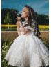 Short Sleeves White Rosetta Tulle Floral Flower Girl Dress